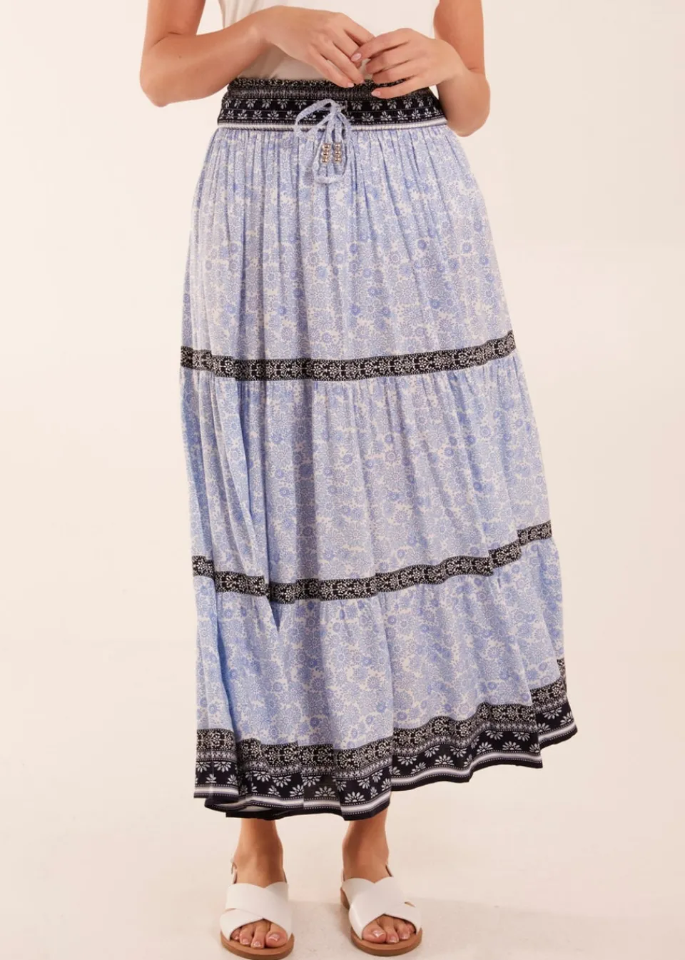 Skirts>Blue Vanilla Blue Contrast Printed Tiered Skirt