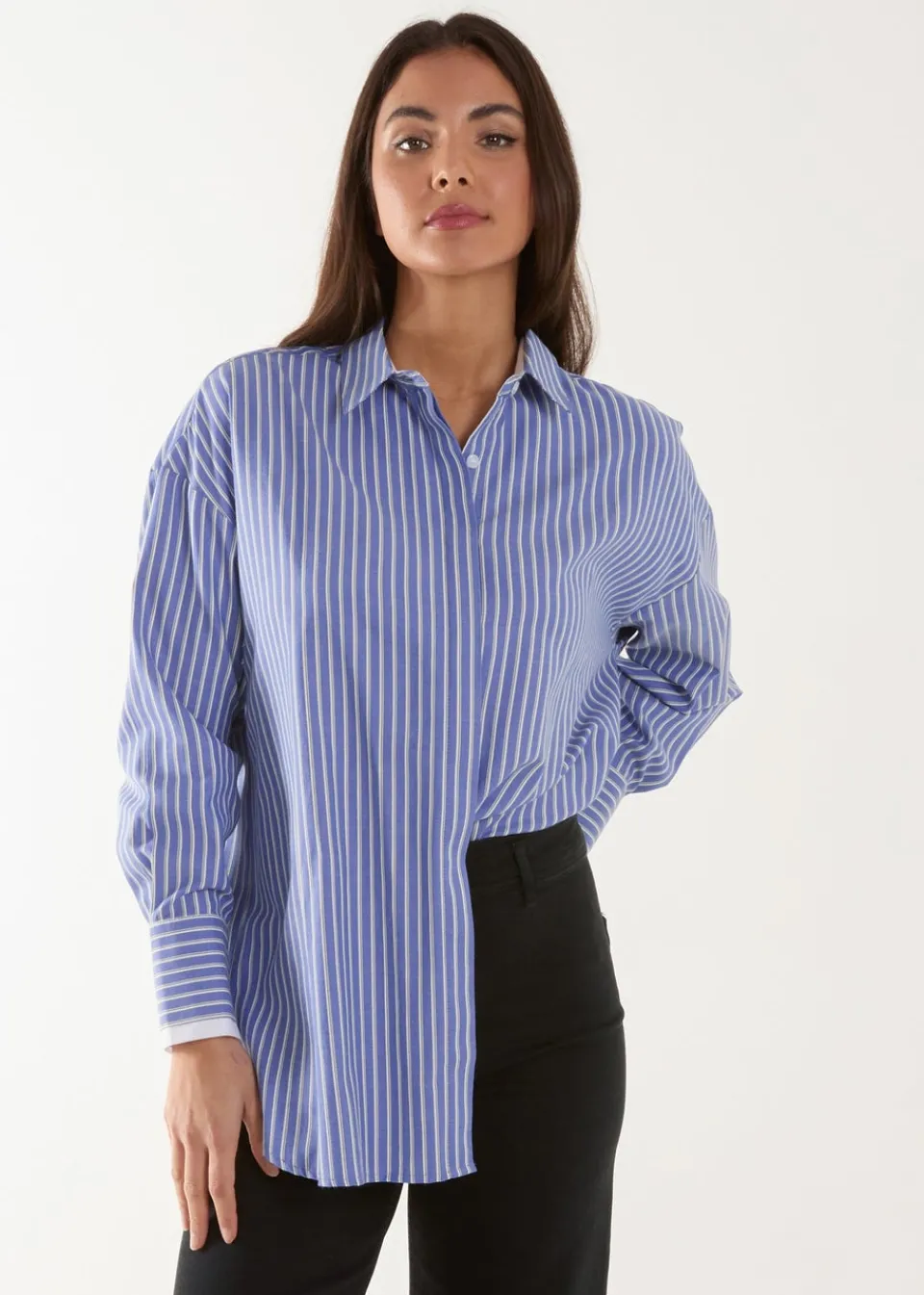 Tops>Blue Vanilla Blue Contrast Cuff Oversized Shirt