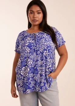 Tops>Blue Vanilla Blue Curve Shirred Sleeve Tie Front Top
