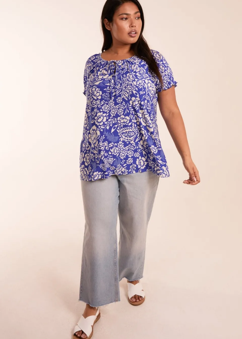 Tops>Blue Vanilla Blue Curve Shirred Sleeve Tie Front Top