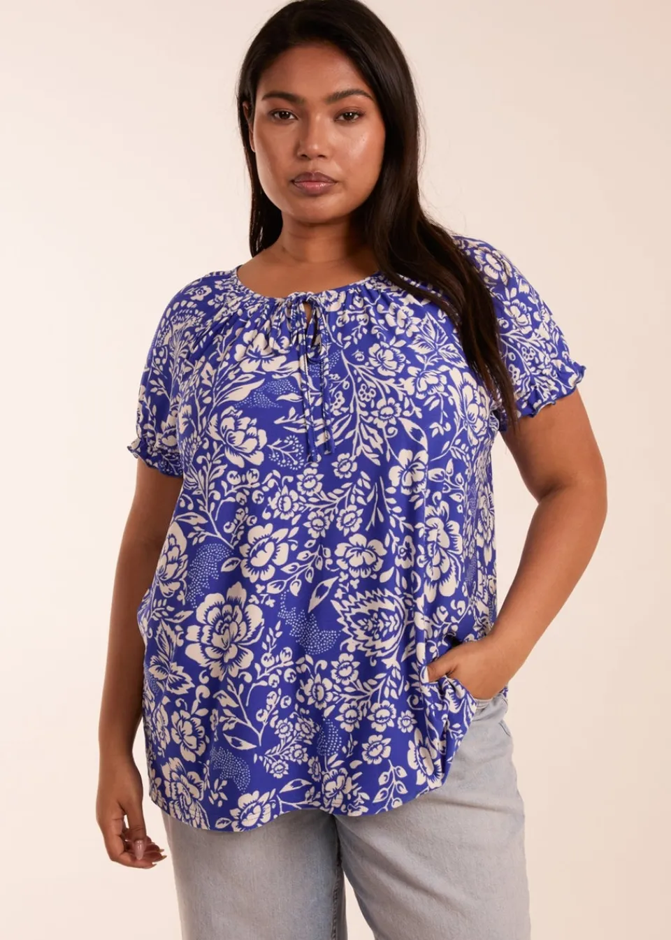 Tops>Blue Vanilla Blue Curve Shirred Sleeve Tie Front Top