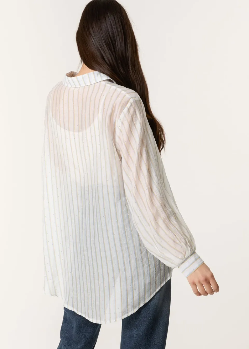 Tops>Blue Vanilla Blue Diamante Detailed Shirt With Vertical Stripes