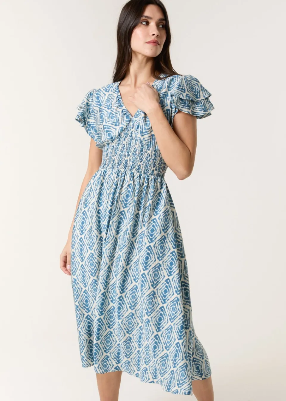 Dresses>Blue Vanilla Blue Double Frill Shirred Midi Dress