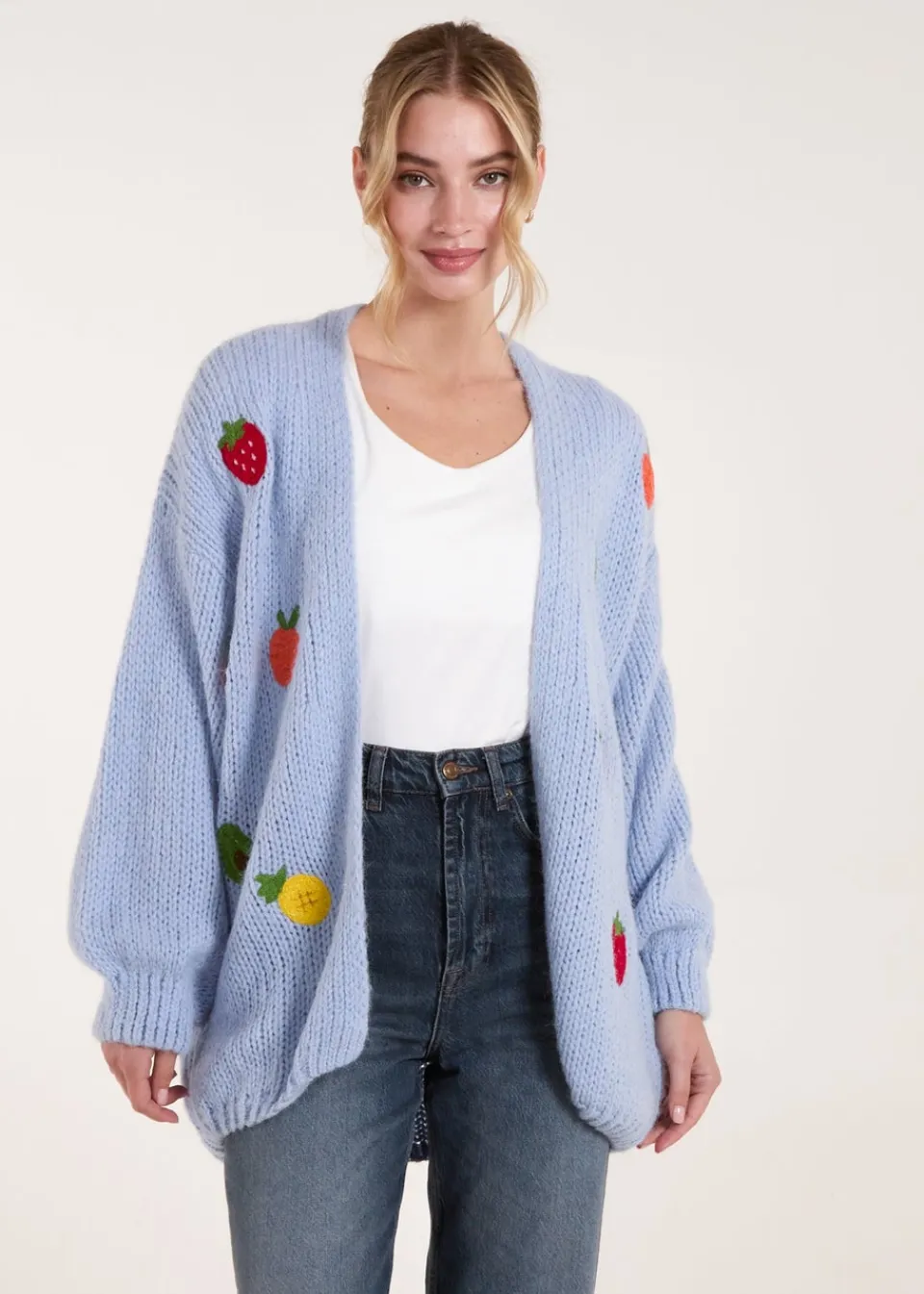 Tops>Blue Vanilla Blue Embroidery Fruit Cardigan