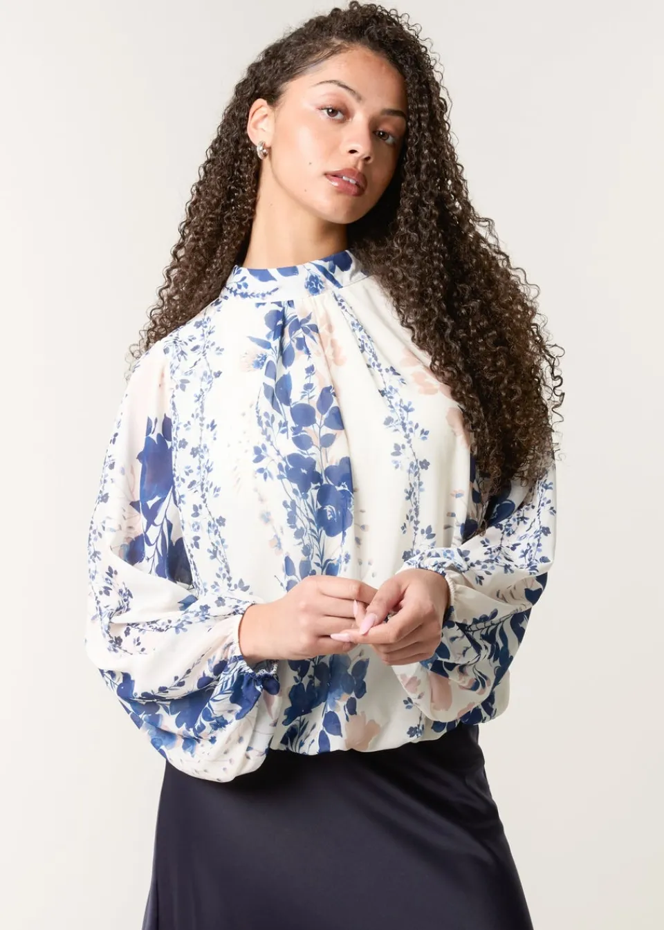 Blouses & Shirts>Blue Vanilla Blue Floral High Neck Puff Ball Blouse