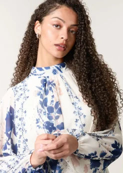 Blouses & Shirts>Blue Vanilla Blue Floral High Neck Puff Ball Blouse