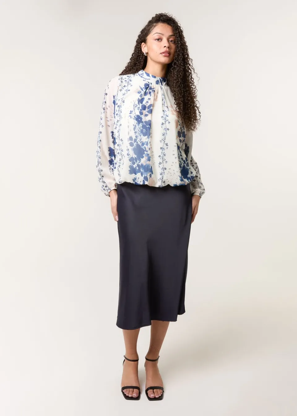Blouses & Shirts>Blue Vanilla Blue Floral High Neck Puff Ball Blouse