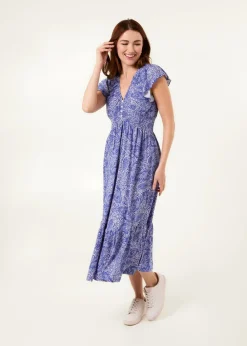 Dresses>Blue Vanilla Blue Frill Sleeve V Neck Button Front Midi Dress