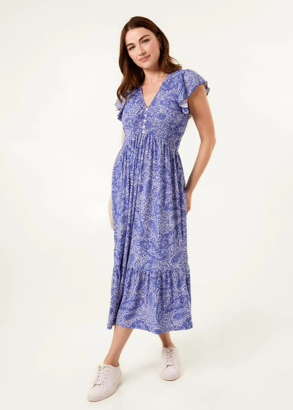 Dresses>Blue Vanilla Blue Frill Sleeve V Neck Button Front Midi Dress