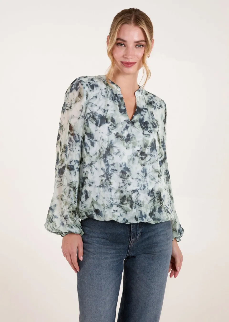 Tops>Blue Vanilla Blue Grandad Collar Puffball Watercolour Top