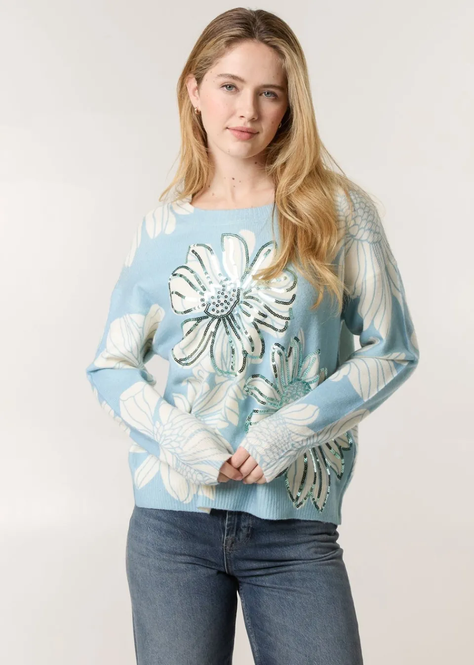 Tops>Blue Vanilla Blue Large Flower Embellished Jumper