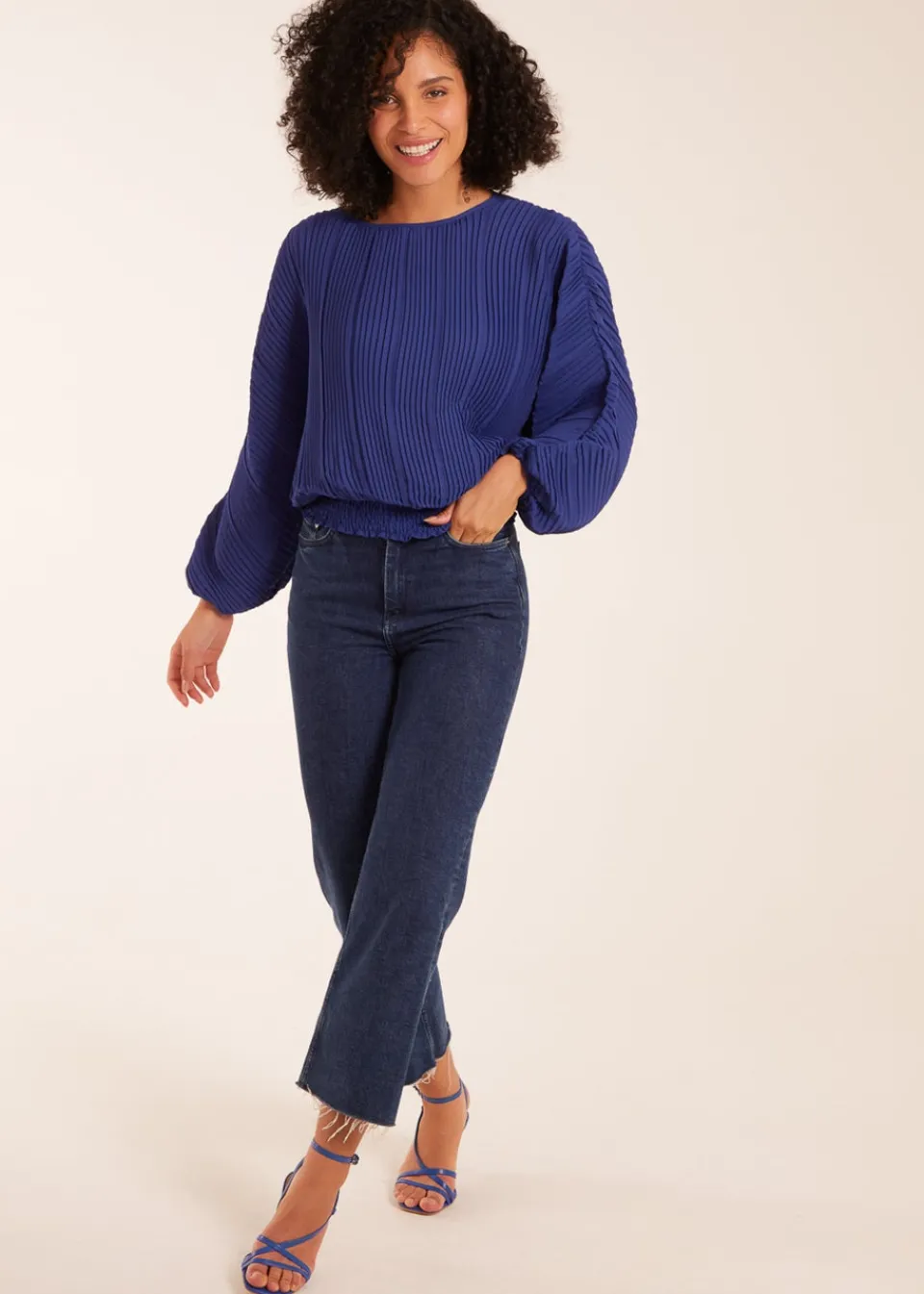 Tops>Blue Vanilla Long Sleeve Pleated Top Blue
