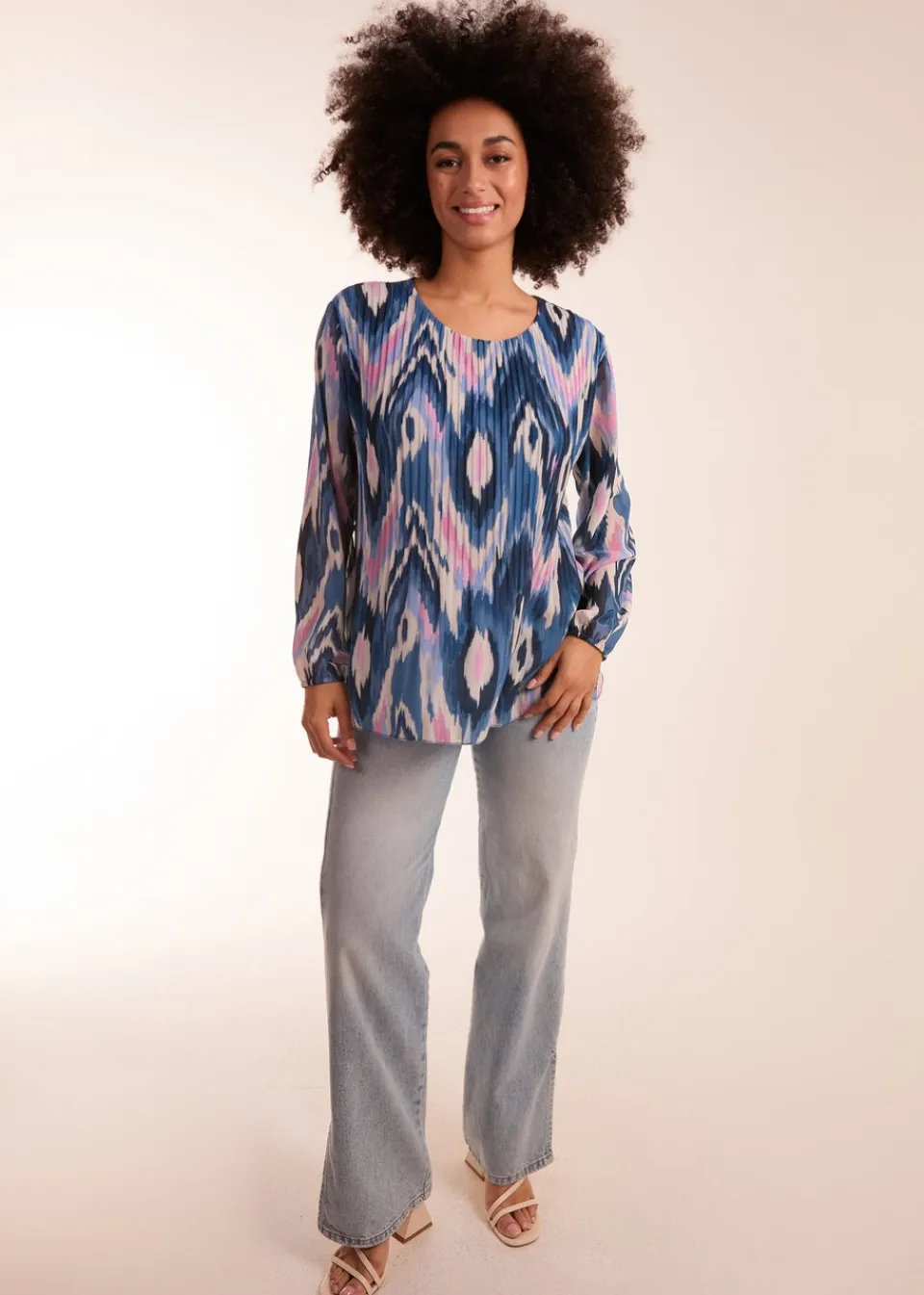 Tops>Blue Vanilla Blue Pleated Print Top