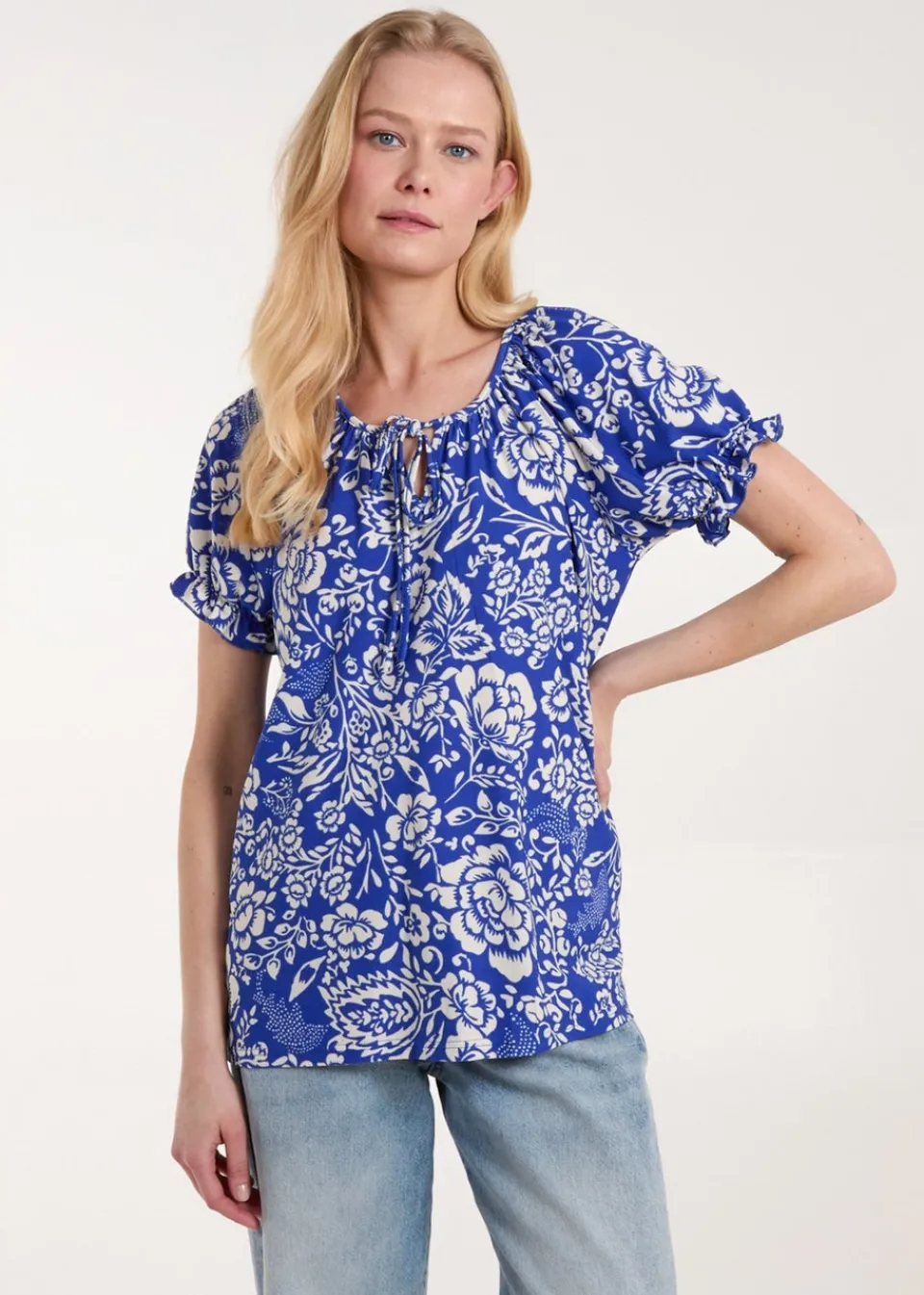 Tops>Blue Vanilla Blue Shirred Sleeve Tie Front Top