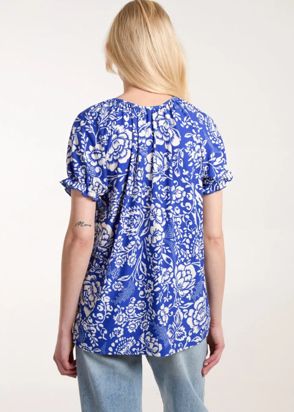 Tops>Blue Vanilla Blue Shirred Sleeve Tie Front Top