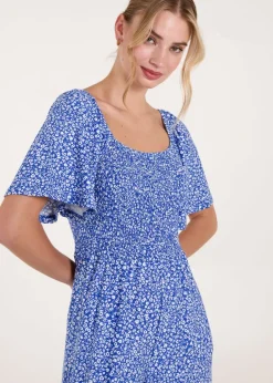 Jumpsuits & Playsuits>Blue Vanilla Blue Square Neck Shirred Waist Angel Sleeve Wide Leg Jumpsuit