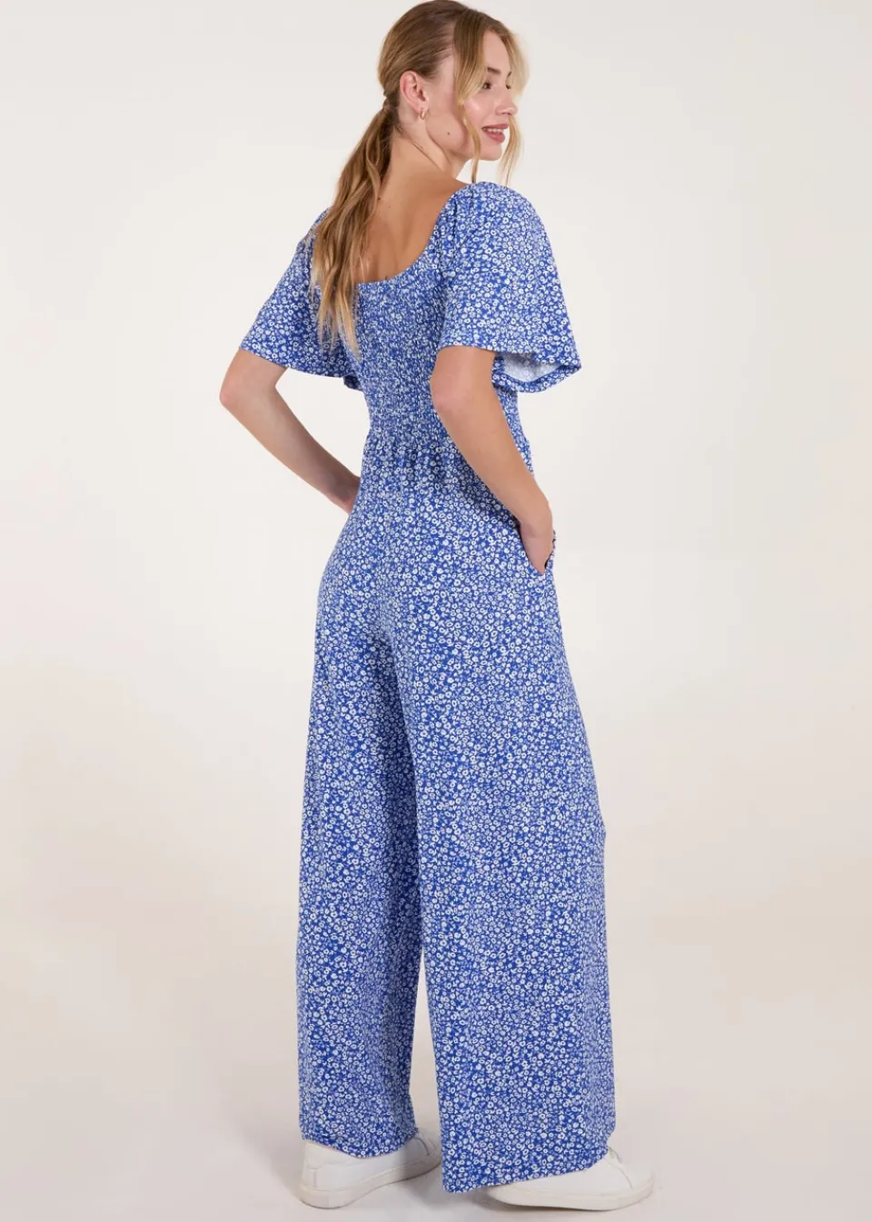 Jumpsuits & Playsuits>Blue Vanilla Blue Square Neck Shirred Waist Angel Sleeve Wide Leg Jumpsuit