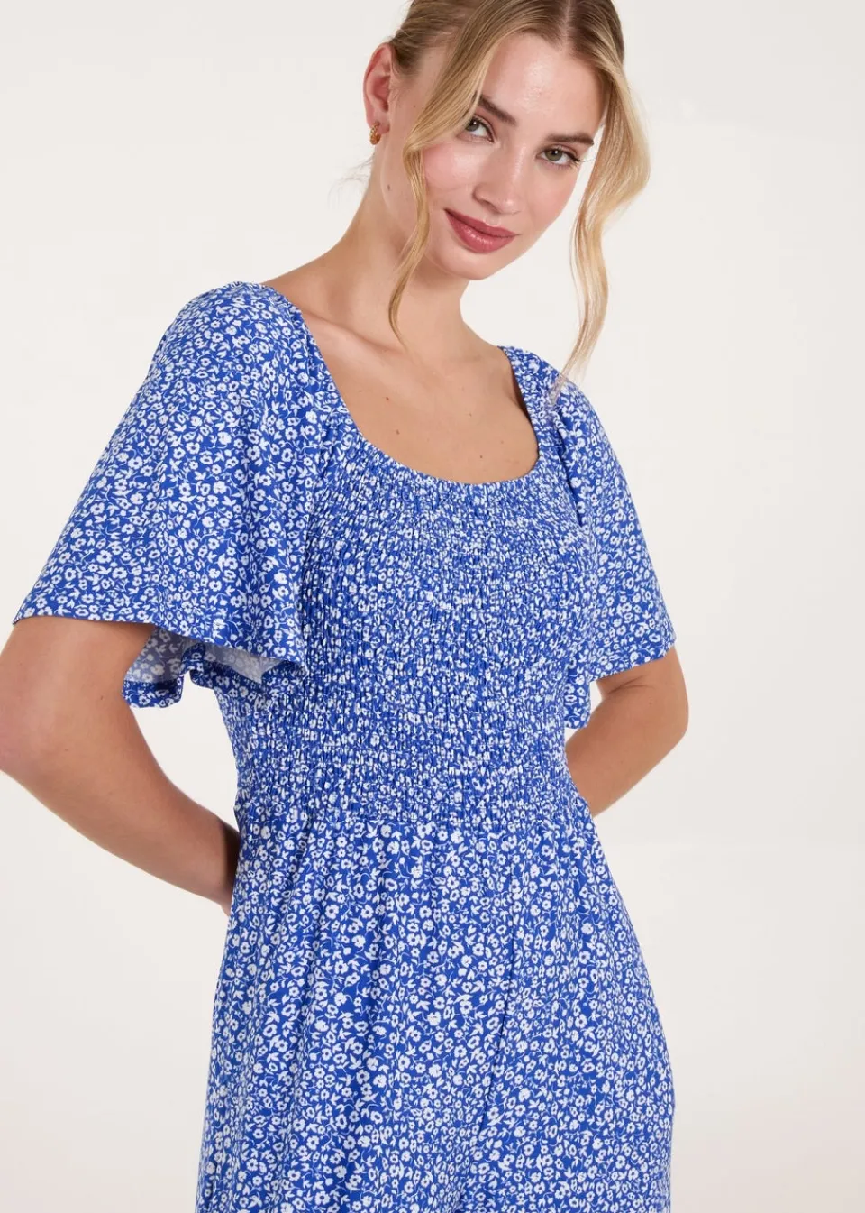 Jumpsuits & Playsuits>Blue Vanilla Blue Square Neck Shirred Waist Angel Sleeve Wide Leg Jumpsuit