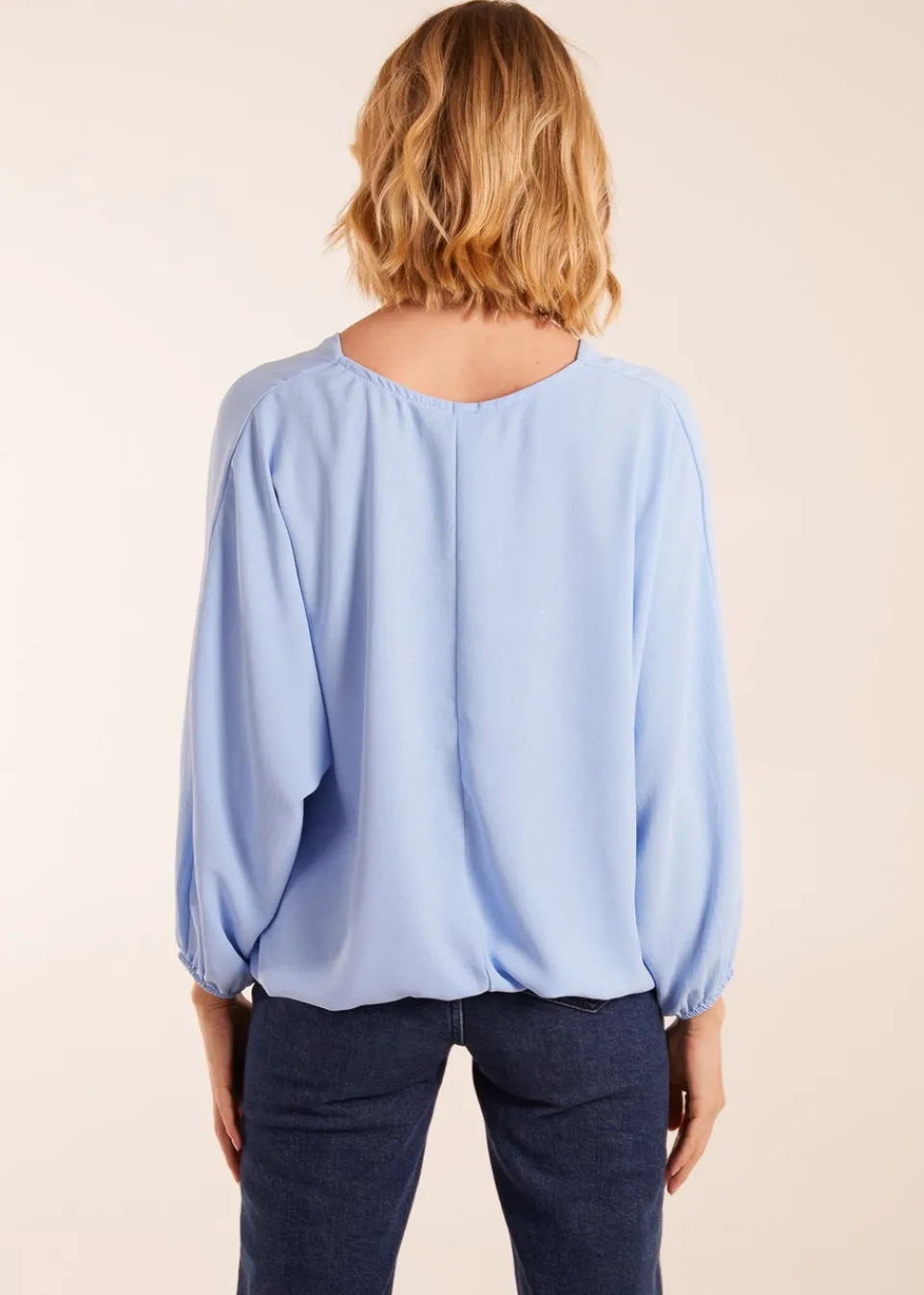 Tops>Blue Vanilla Blue V Neck Puff Sleeve Blouse
