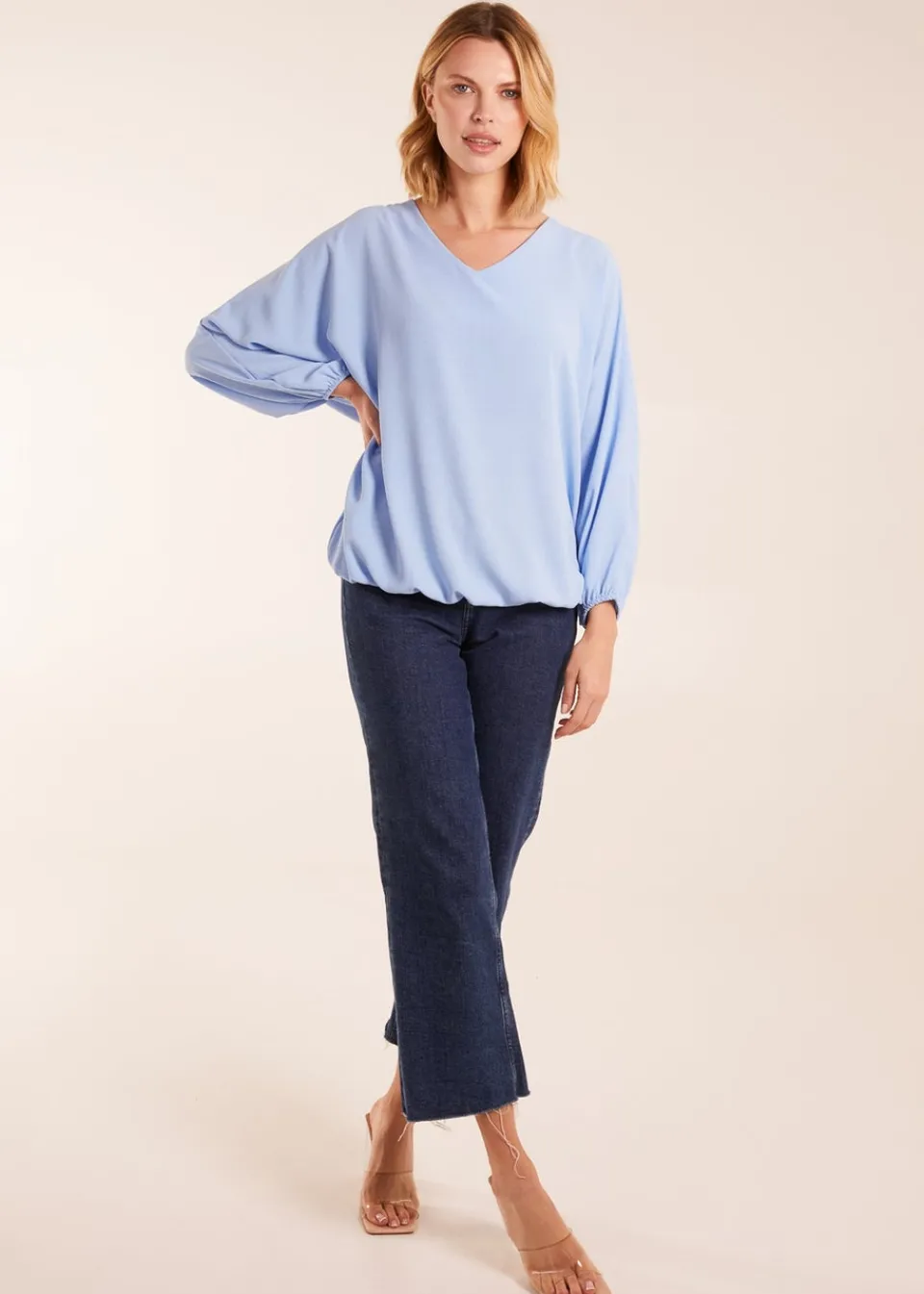 Tops>Blue Vanilla Blue V Neck Puff Sleeve Blouse