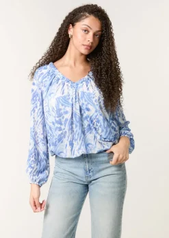 Tops>Blue Vanilla Blue V Neck Gathered Bubble Hem Top