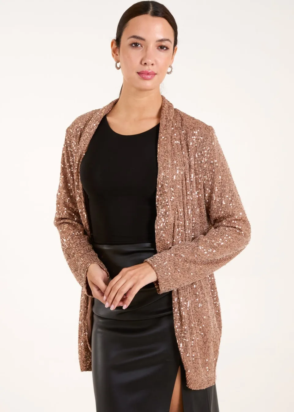 Knitwear>Blue Vanilla Bronze Sequin Waterfall Cardigan