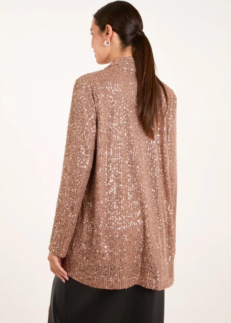 Knitwear>Blue Vanilla Bronze Sequin Waterfall Cardigan