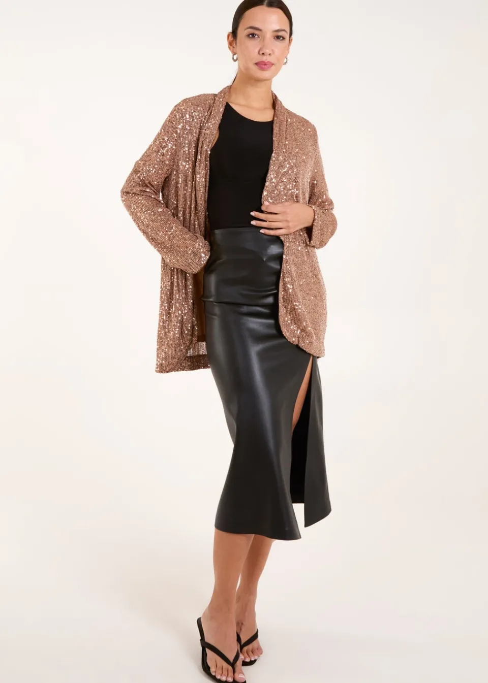 Knitwear>Blue Vanilla Bronze Sequin Waterfall Cardigan