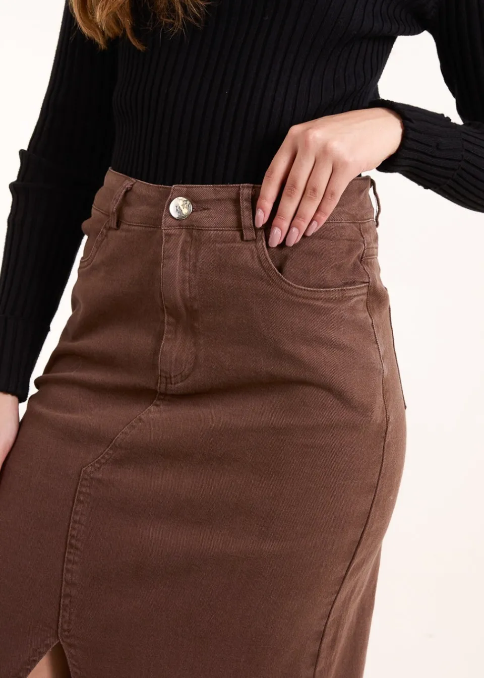 Skirts>Blue Vanilla Brown Acid Wash Denim Mid Skirt