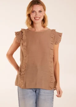 T-Shirts>Blue Vanilla Brown Button Back Frill Top