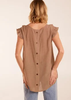 T-Shirts>Blue Vanilla Brown Button Back Frill Top