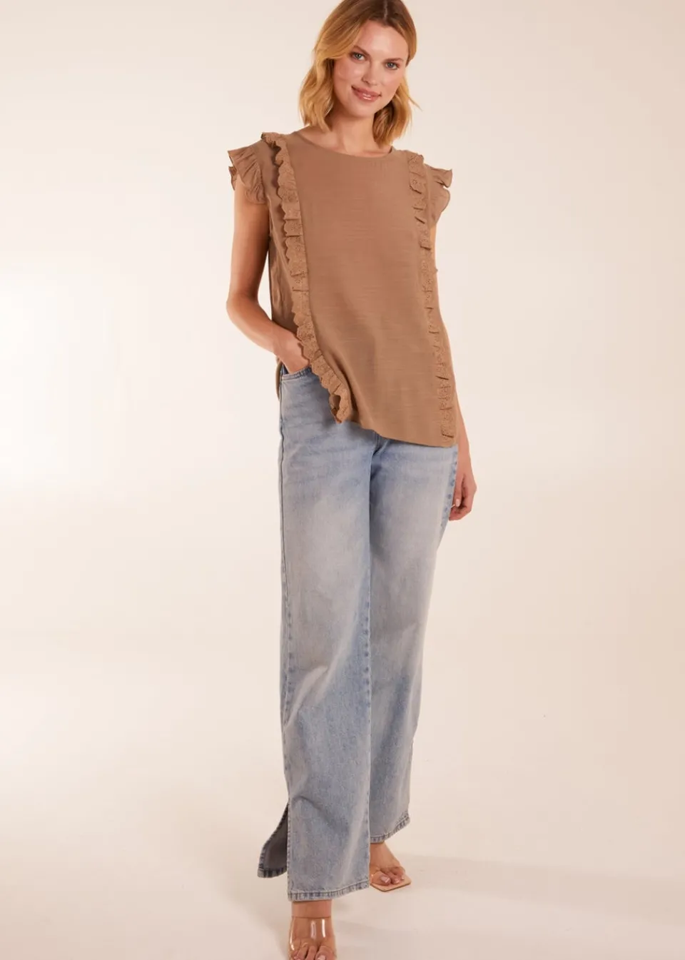 T-Shirts>Blue Vanilla Brown Button Back Frill Top