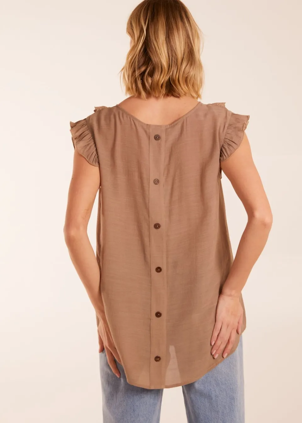 T-Shirts>Blue Vanilla Brown Button Back Frill Top