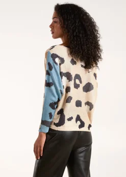 Tops>Blue Vanilla Brown Colour Block Leopard Fine Knit Jumper