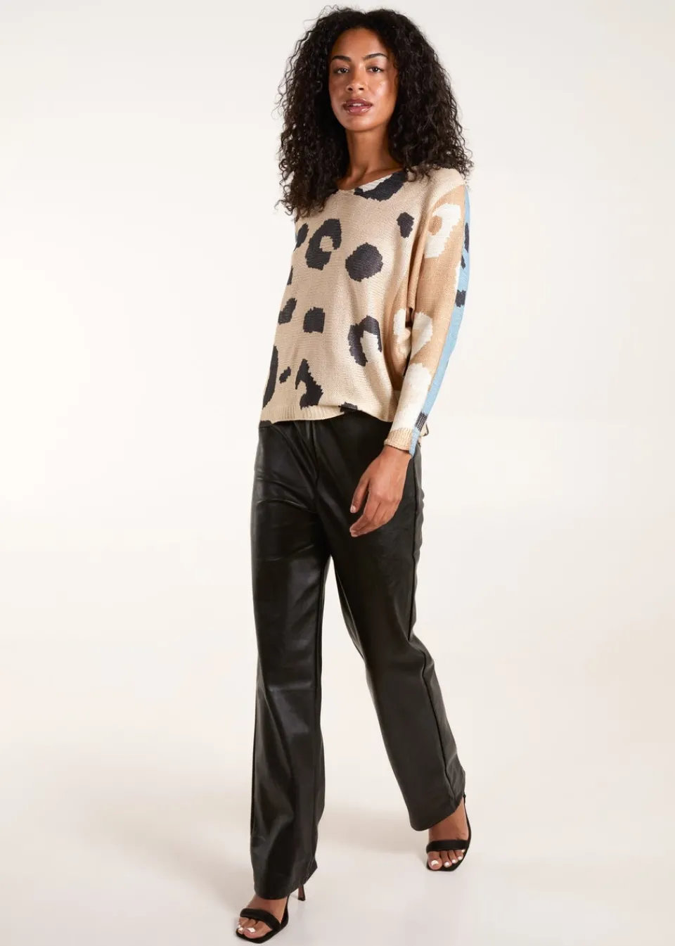 Tops>Blue Vanilla Brown Colour Block Leopard Fine Knit Jumper