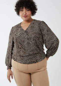 Tops>Blue Vanilla Brown Curve Wrap Front Deep Hem Band Top