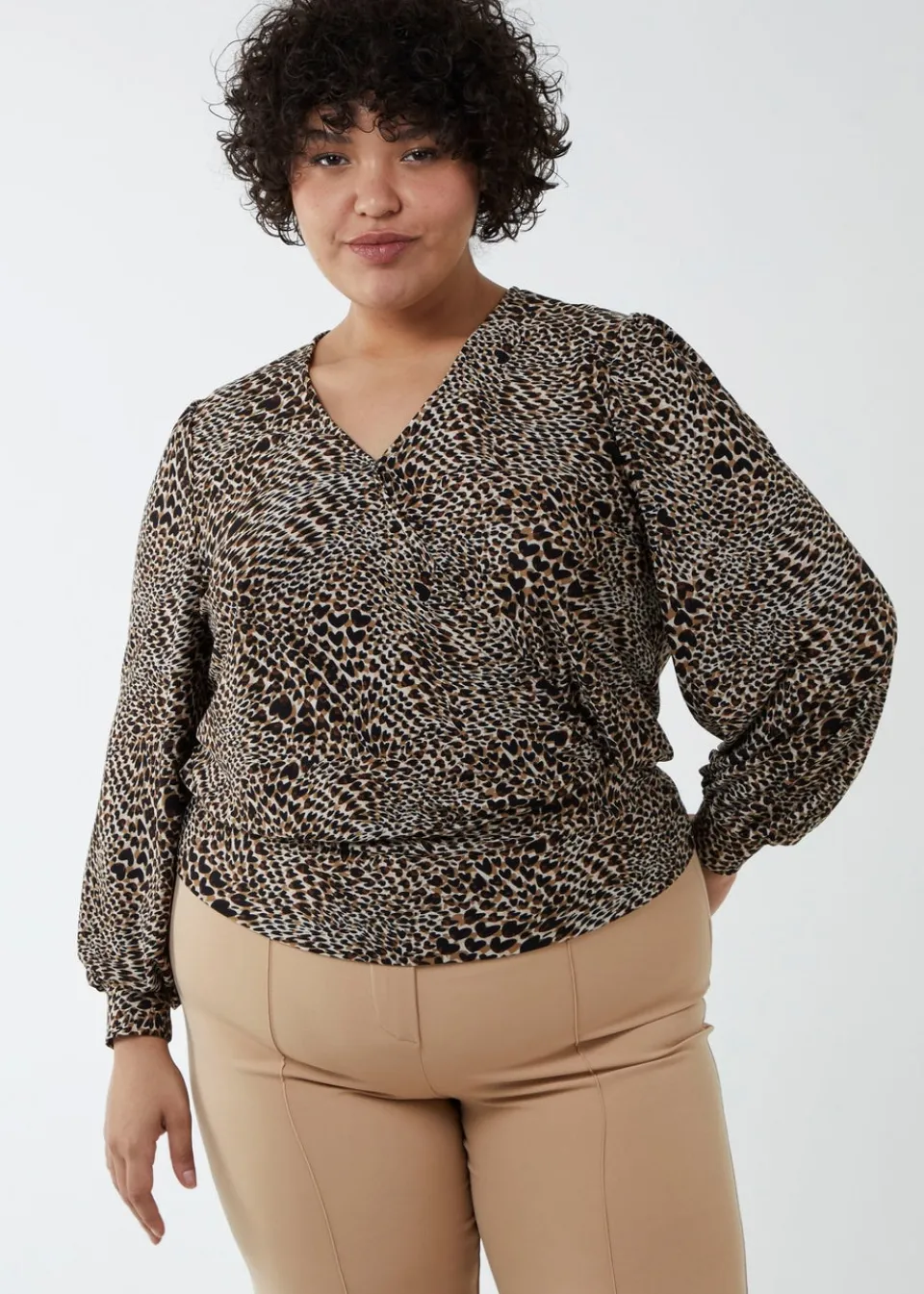 Tops>Blue Vanilla Brown Curve Wrap Front Deep Hem Band Top