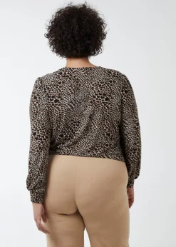 Tops>Blue Vanilla Brown Curve Wrap Front Deep Hem Band Top