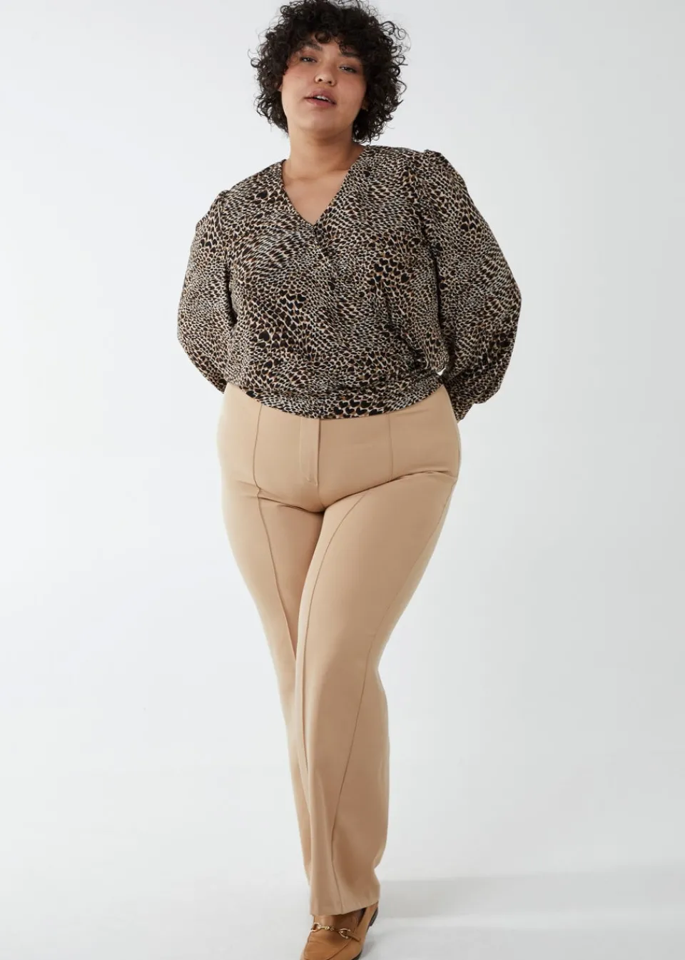 Tops>Blue Vanilla Brown Curve Wrap Front Deep Hem Band Top