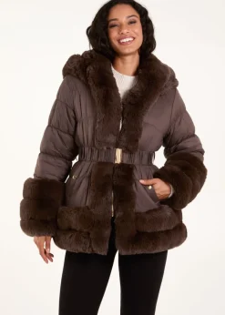 Coats & Jackets>Blue Vanilla Brown Faux Fur Trim Belted Puffer Coat