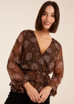 Tops>Blue Vanilla Brown Floral Ruffle Wrap Blouse