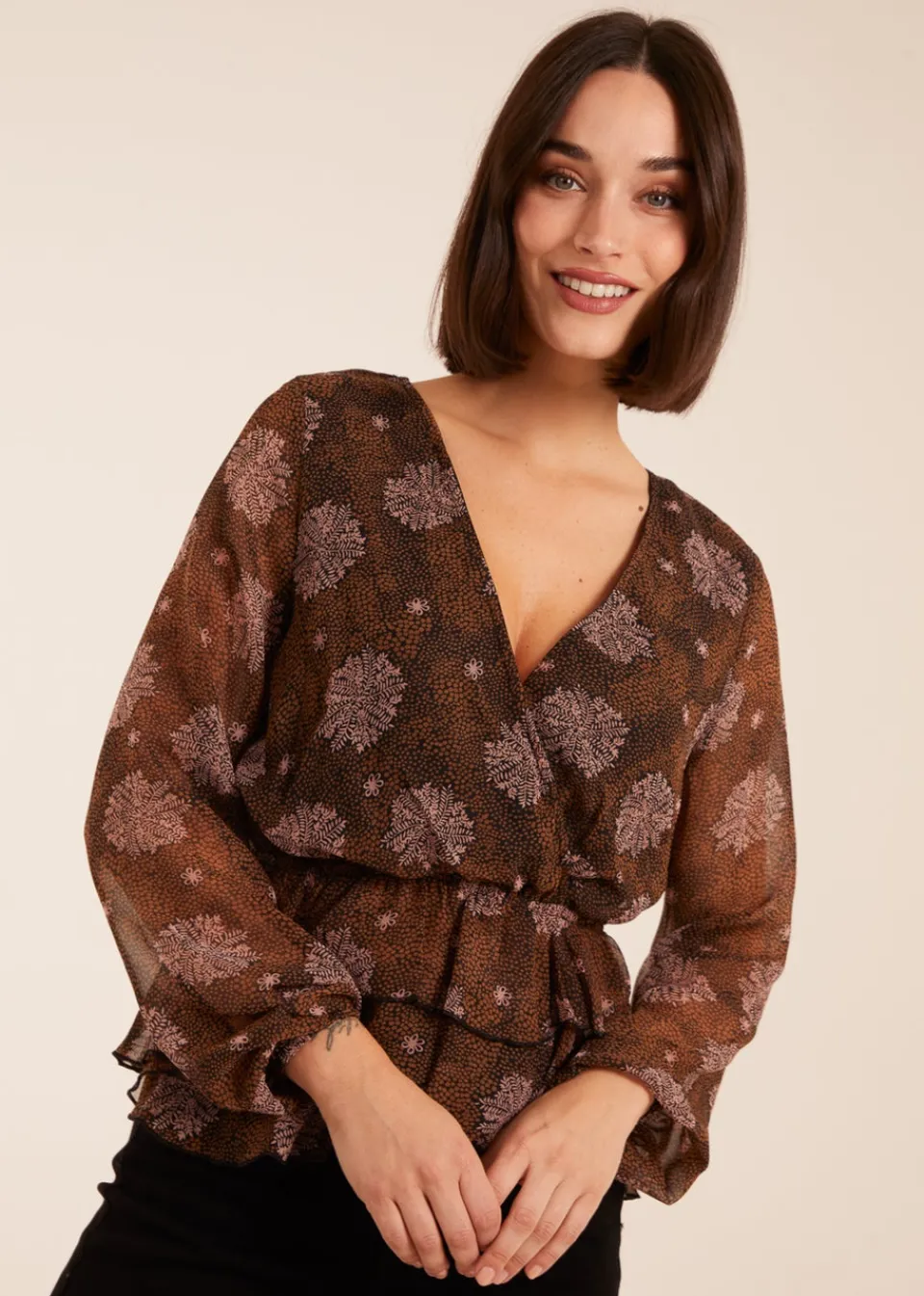 Tops>Blue Vanilla Brown Floral Ruffle Wrap Blouse