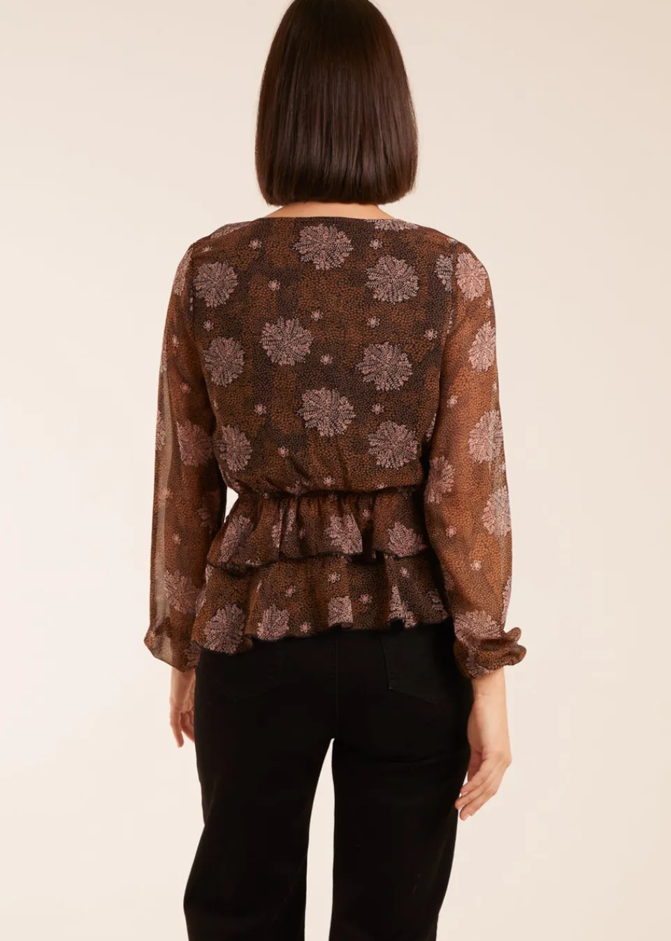 Tops>Blue Vanilla Brown Floral Ruffle Wrap Blouse