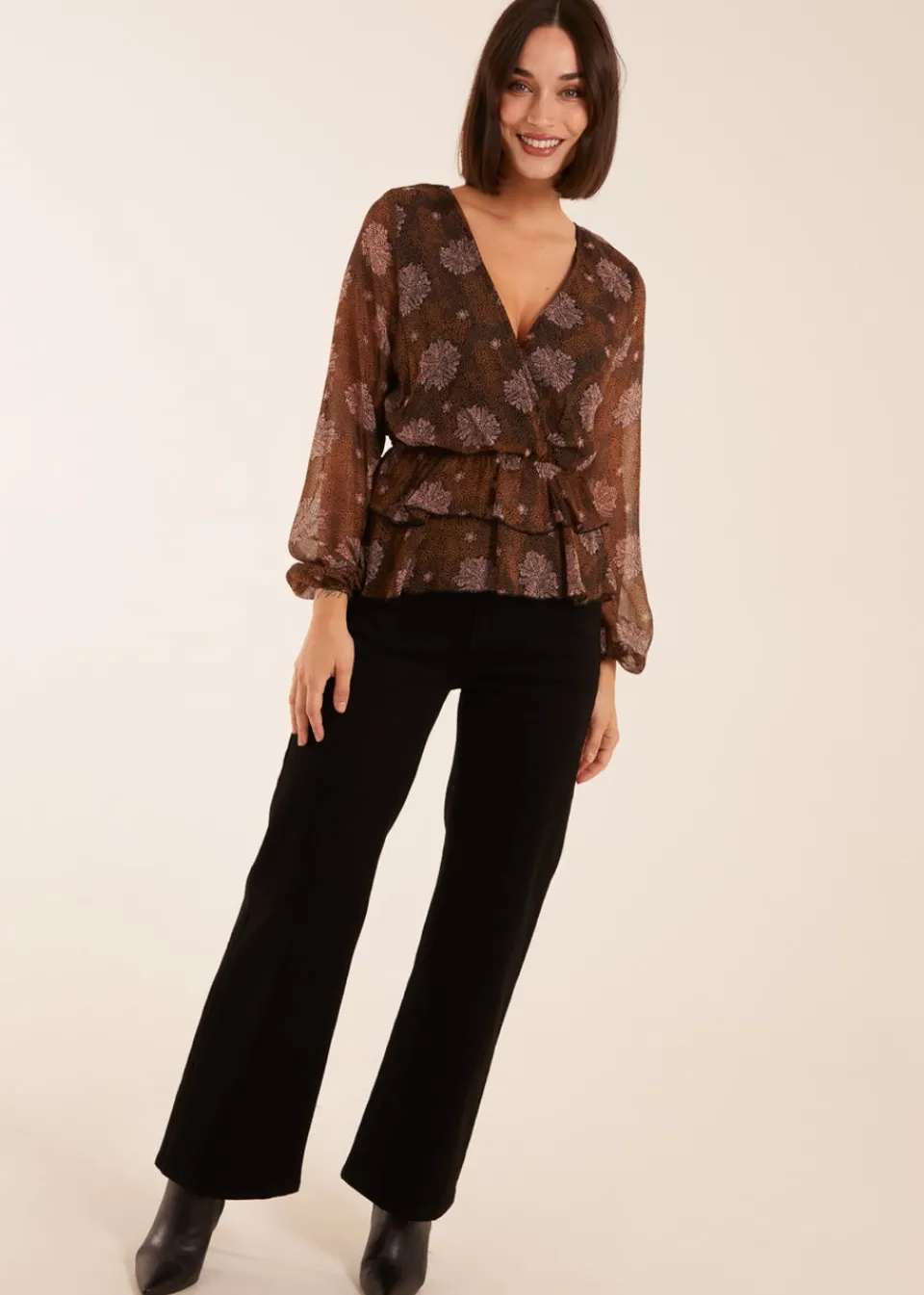 Tops>Blue Vanilla Brown Floral Ruffle Wrap Blouse