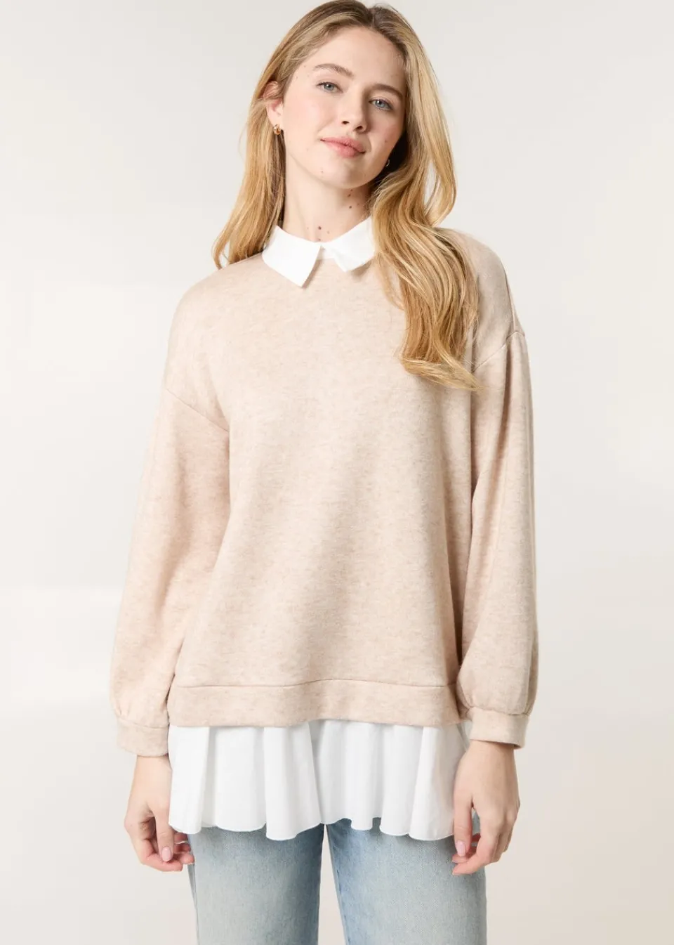 Tops>Blue Vanilla Brown 2in1 Cut & Sew Sweater
