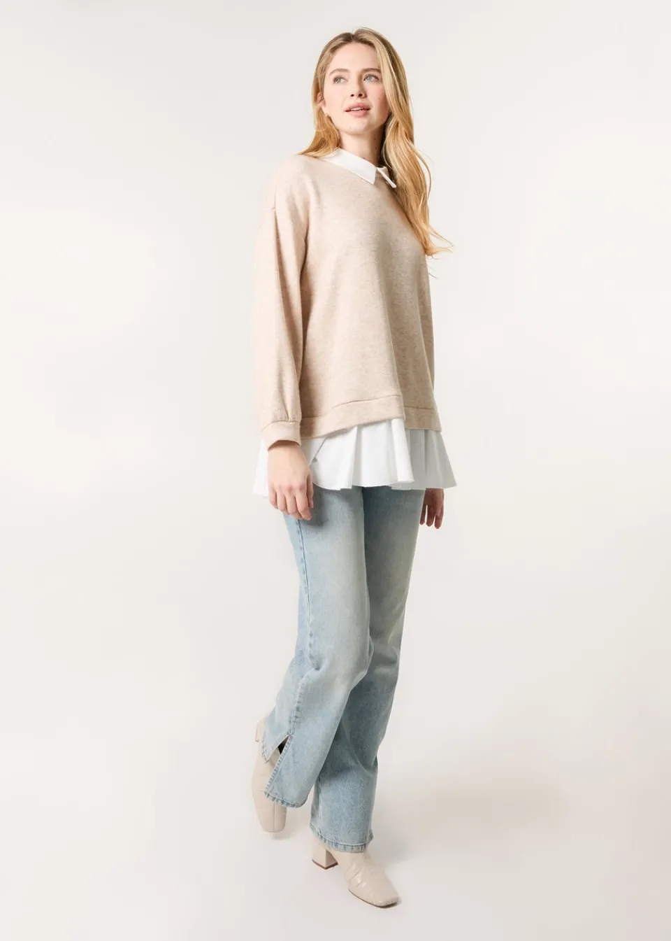 Tops>Blue Vanilla Brown 2in1 Cut & Sew Sweater