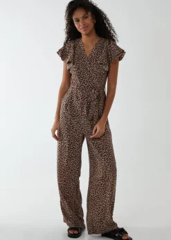 Jumpsuits & Playsuits>Blue Vanilla Brown Jumpsuit With Ruffle Sleeve And Wrap Front