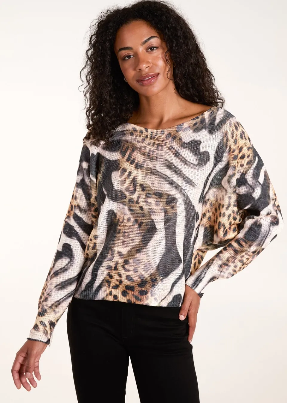 Tops>Blue Vanilla Brown Leopard Abstract Fine Knit Jumper