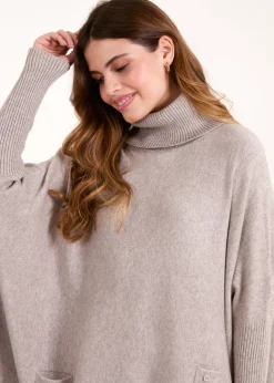 Knitwear>Blue Vanilla Brown Roll Neck Button Mini Pocket Jumper