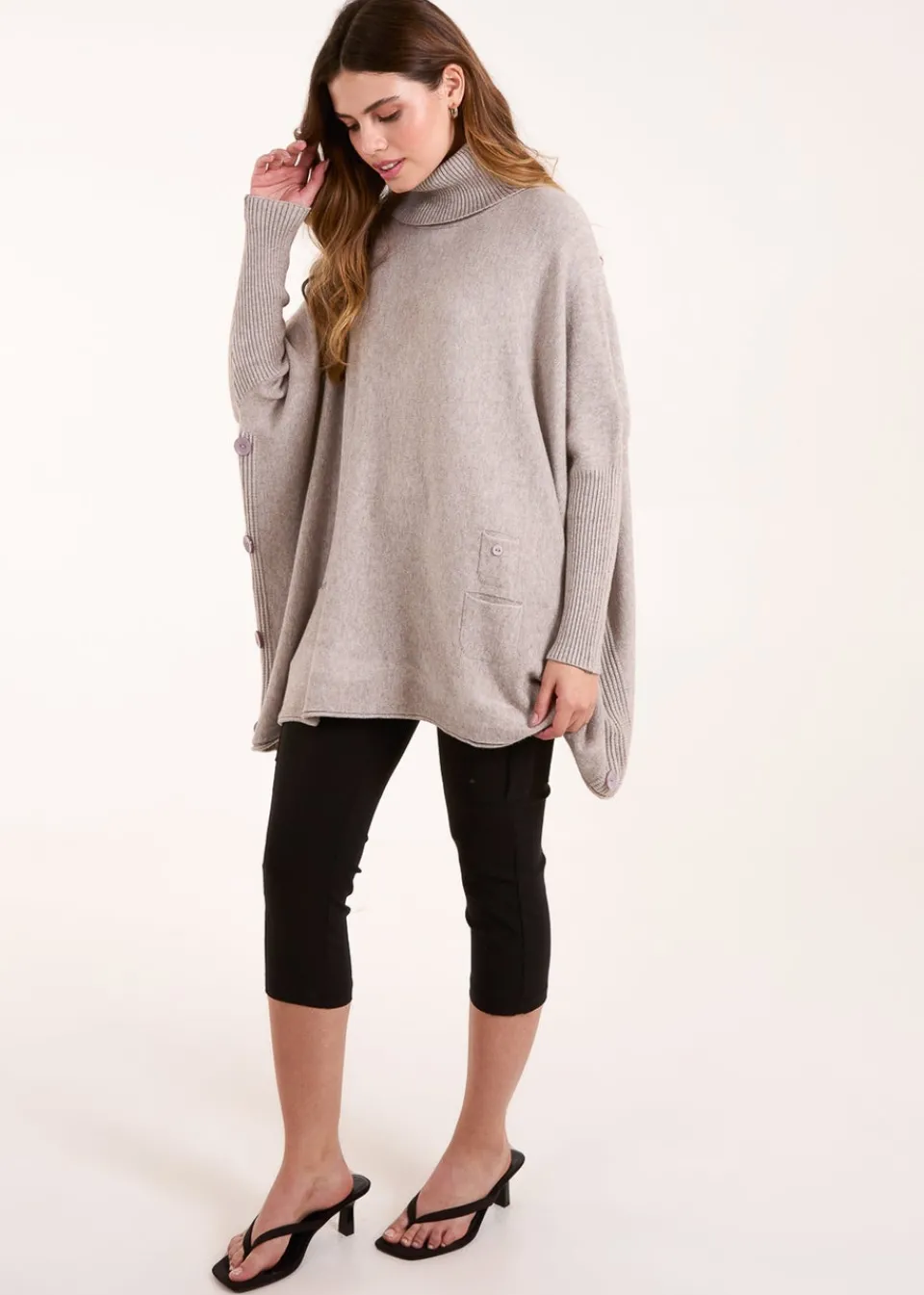 Knitwear>Blue Vanilla Brown Roll Neck Button Mini Pocket Jumper